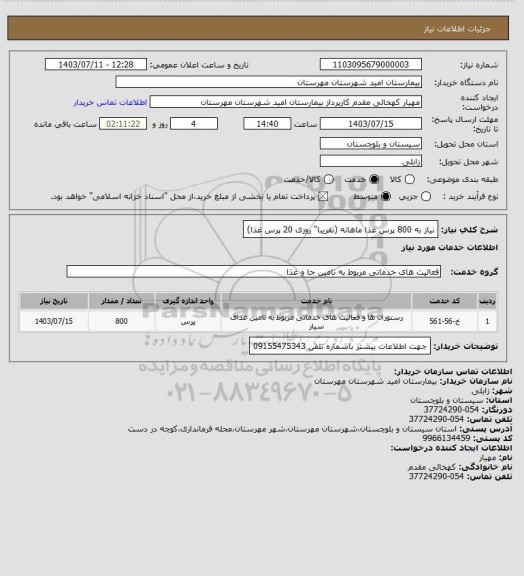 استعلام نیاز به 800 پرس غذا ماهانه (تقریبا" روزی 20 پرس غذا)