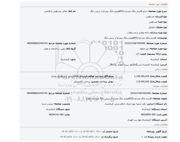 مزایده، 6صدم دانگ مشاع از833هزارم دانگ مشاع از شش دانگ