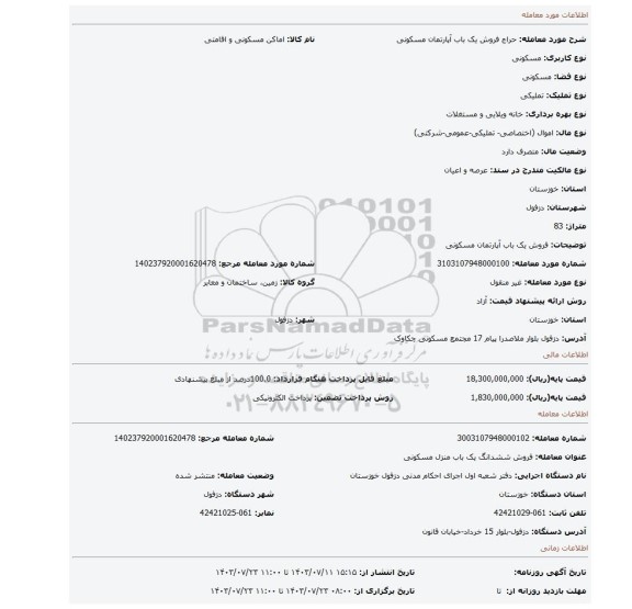 مزایده، فروش یک باب آپارتمان مسکونی
