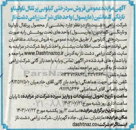 مزایده فروش سردرختی کیلویی پرتقال ناولینا و نارنگی کلمانتین