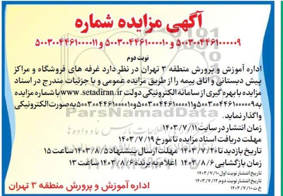 مزایده غرفه های فروشگاه و مراکز پیش دبستانی و اتاق بیمه  نوبت دوم 