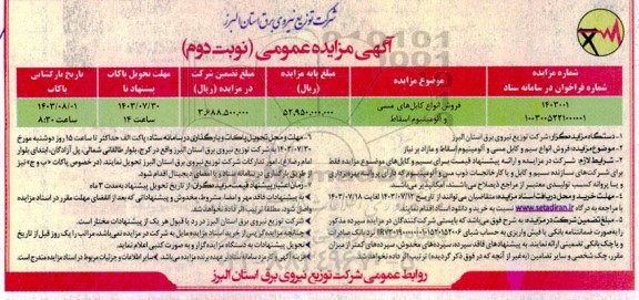 مزایده فروش انواع کابل های مسی و آلومینیوم اسقاط - نوبت دوم