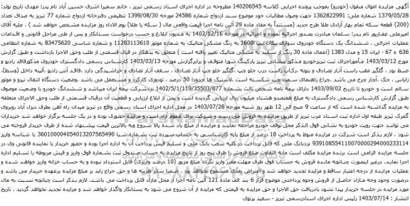 مزایده یک دستگاه خودروی سواری پیکان تیپ 1600i به رنگ مشکی متالیک 