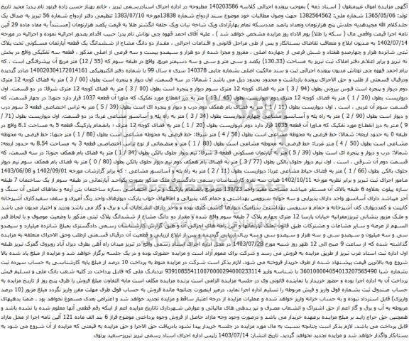مزایده دو دانگ مشاع از ششدانگ یک قطعه آپارتمان مسکونی تحت پلاک ثبتی شانزده هزار و چهارصدو هفتاد و شش فرعی از چهارده اصلی 