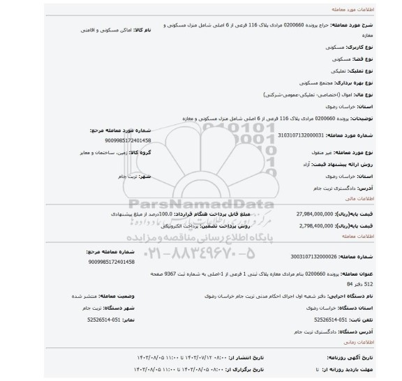 مزایده، پرونده 0200660 مرادی پلاک 116 فرعی از 6 اصلی شامل منزل مسکونی و مغازه