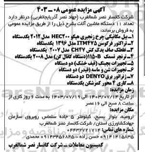 مزایده تعداد 11 دستگاه ماشین آلات 