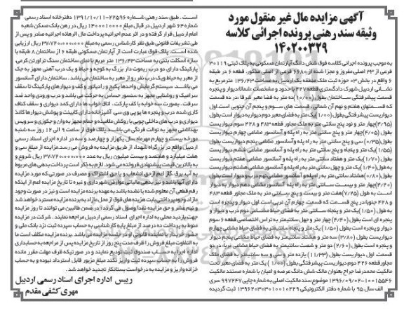 مزایده شش دانگ آپارتمان مسکونی به پلاک ثبتی 30119 فرعی از 33 اصلی ...
