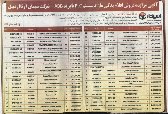 آگهی مزایده فروش اقلام یدکی مازاد سیستم PLC