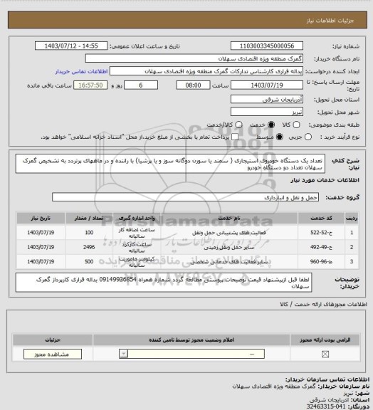 استعلام تعداد یک دستگاه خودروی استیجاری ( سمند یا سورن دوگانه سوز و یا پرشیا) با راننده و در ماههای پرتردد به تشخیص گمرک سهلان تعداد دو دستگاه خودرو