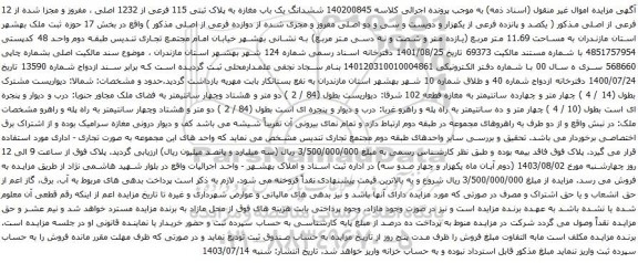 مزایده ششدانگ یک باب مغازه به پلاک ثبتی 115 فرعی از 1232 اصلی ، مفروز و مجزا شده از 12 فرعی از اصلی