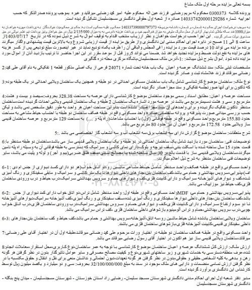 مزایده فروش ششدانگ عرصه و اعیان ساختمان