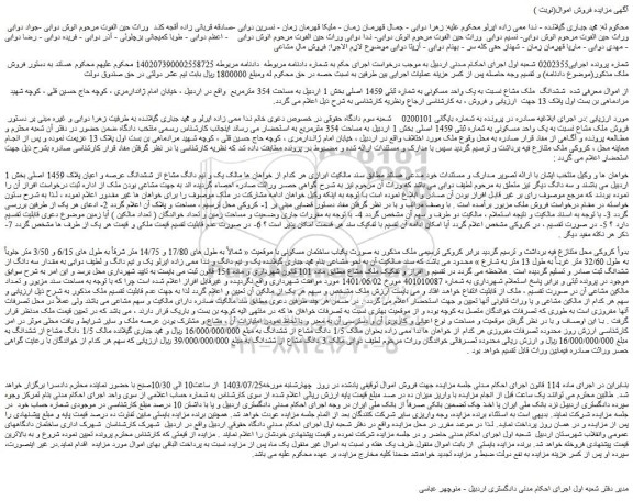 مزایده فروش ششدانگ  ملک مشاع نسبت به یک واحد مسکونی به شماره ثبتی 1459 اصلی