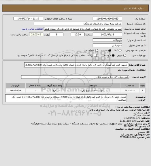 استعلام تعویض کنتور گرد تجاری به کنتور گرد تکفاز با رله قطع به تعداد 1200 دستگاه و قیمت پایه 3.486.772.080