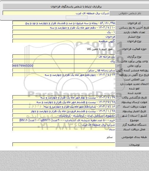 مناقصه, خرید۵۰۰۰ عدد مقره شیشه ای استاندارد-۴۰۰۰عدد(KN۱۲۰)و۱۰۰۰عدد(KN۱۶۰)