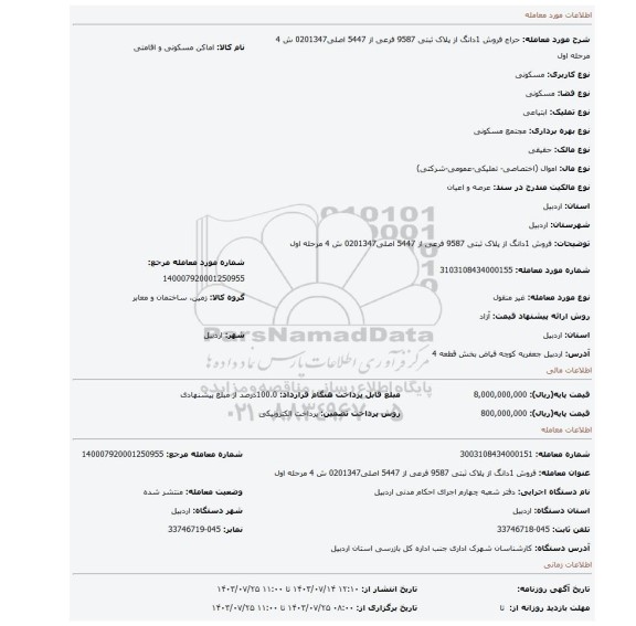 مزایده، فروش 1دانگ از پلاک ثبتی  9587 فرعی از 5447 اصلی0201347 ش 4 مرحله اول