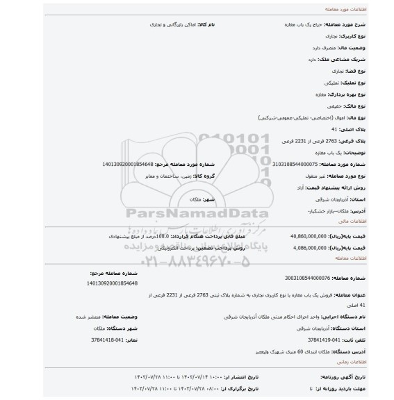 مزایده، یک باب مغازه