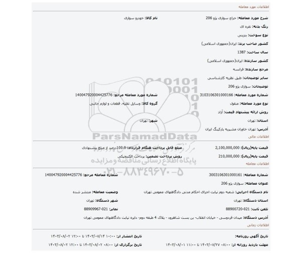 مزایده، سواری پژو 206