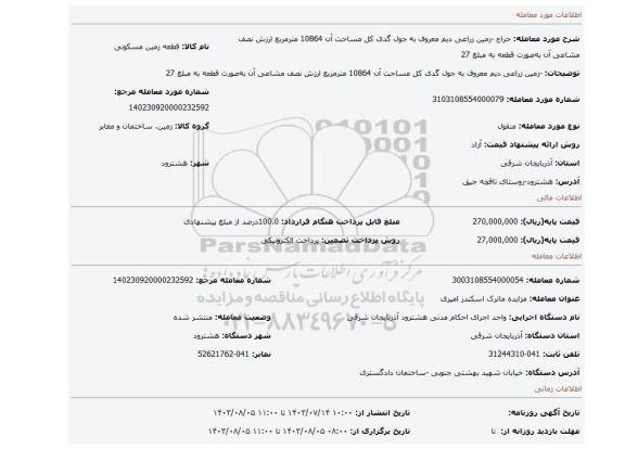 مزایده، -زمین زراعی دیم معروف به جول گدی کل مساحت آن 10864 مترمربع ارزش نصف مشاعی آن به صورت قطعه به مبلغ 27