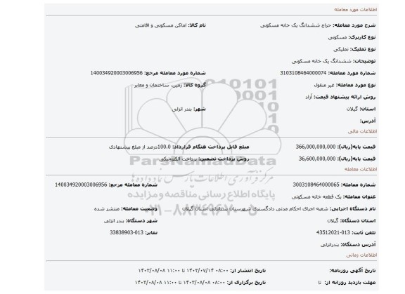 مزایده، ششدانگ یک خانه مسکونی