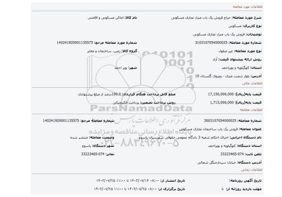 مزایده، فروش یک باب منزل تجاری مسکونی