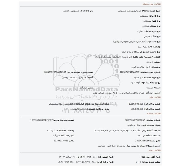 مزایده، فروش ملک مسکونی
