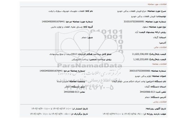 مزایده، فروش قطعات یدکی خودرو