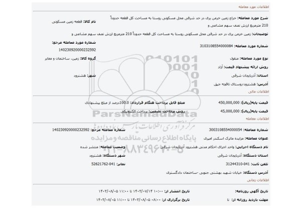 مزایده،  زمین خرمن یری در حد شرقی محل مسکونی روستا به مساحت کل قطعه حدوداً 210 مترمربع ارزش نصف سهم مشاعی و