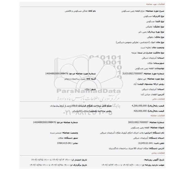 مزایده، قطعه زمین مسکونی