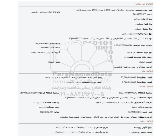 مزایده،  شش دانک پلاک ثبتی 4342 فرعی از 15191 اصلی بخش 5 ثبت اصفهان**980325ج20