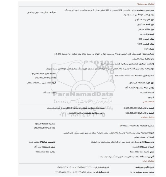 مزایده، پلاک ثبتی 4324 فرعی از 391 اصلی بخش 9 عرصه مذکور در شهر کهریزسنگ، بلوار ولیعصر، کوچه4 بن بست چهارم،