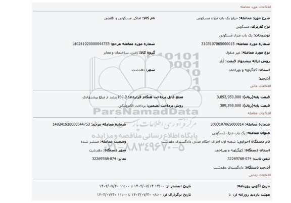مزایده، یک باب منزل مسکونی