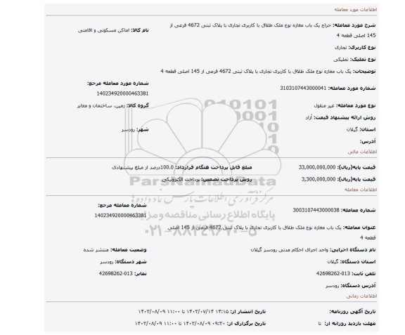 مزایده، یک باب مغازه نوع ملک طلاق با کاربری تجاری با پلاک ثبتی 4672 فرعی از 145 اصلی قطعه 4