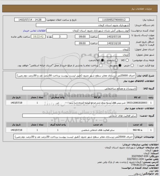 استعلام اجرای 25000متر زیرسازی معابر سطح شهر چترود (طبق لیست پیوست پرداخت 50درصد نقد و 50درصد دوم زمین)