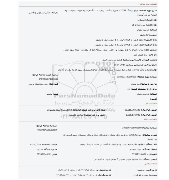 مزایده، دو دانگ 5793 ده هزارم دانگ مشاع از ششدانگ اعیان و منافع استیجاری سهم العرصه یک باب آپارتمان