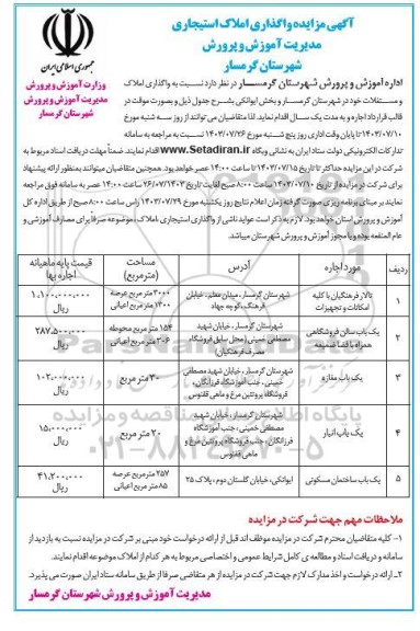 آگهی مزایده واگذاری املاک استیجاری