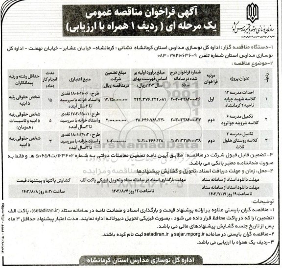 فراخوان مناقصه احداث مدرسه 12  کلاسه شهید چرابه...