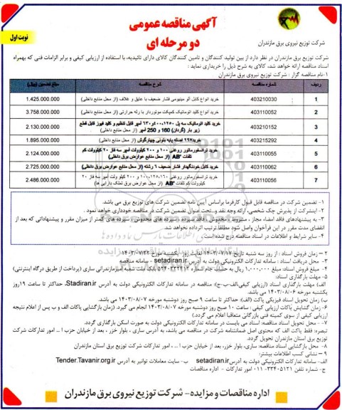 مناقصه خرید انواع کابل آلومینیومی فشار ضعیف با عایق و غلاف....