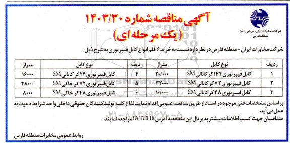 مناقصه خرید کابل فیبر نوری