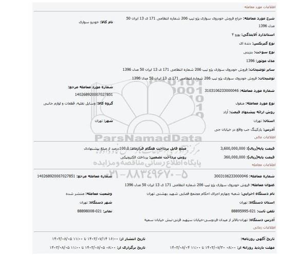 مزایده، فروش  خودروی سواری  پژو  تیپ 206 شماره انتظامی 171 ی 13 ایران 50 مدل 1396