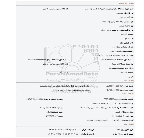 مزایده، فروش پلاک ثبتی 219 فرعی از 2 اصلی