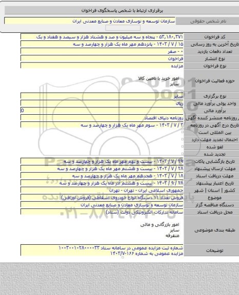 مزایده, فروش تعداد ۱۱ دستگاه انواع خودروی اسقاطی (فروش اوراقی)