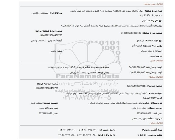 مزایده، آپارتمان باپلاک ثبتی11022به مساحت 157.19مترمربع طبقه اول بلوک آرامش سه خواب 0200419ش4