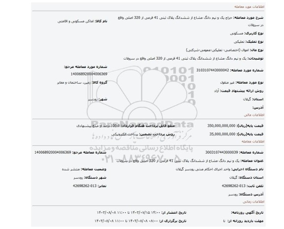 مزایده، یک و نیم دانگ مشاع از ششدانگ پلاک ثبتی 41 فرعی از 320 اصلی واقع در سرولات