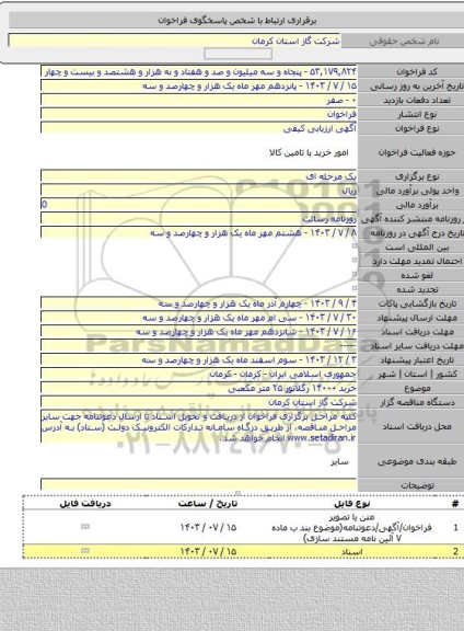 مناقصه, خرید ۱۴۰۰۰ رگلاتور ۲۵ متر مکعبی