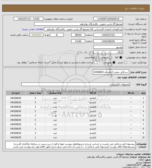 استعلام سرکابل چپقی//تقاضای 0200842