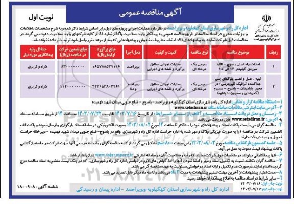 مناقصه احداث راه اصلی ... 
