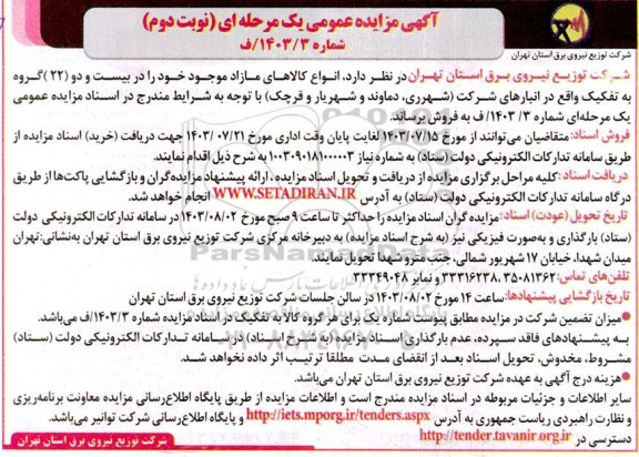 مزایده عمومی فروش انواع کالاهای مازاد ...نوبت دوم