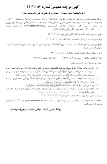 مزایده اجاره استفاده از مخزن سد مارون جهت پرورش ماهی در قفس