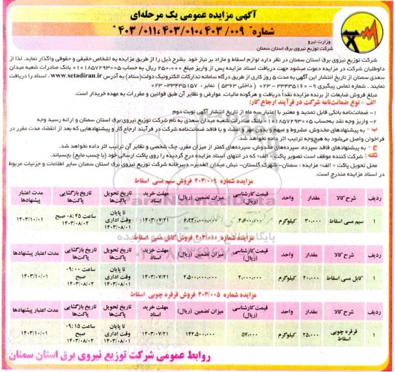 مزایده فروش لوازم اسقاط و مازاد