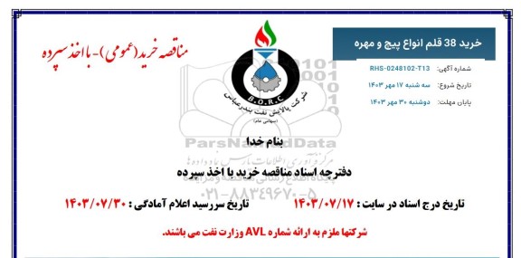 مناقصه خرید 38 قلم انواع پیچ و مهره